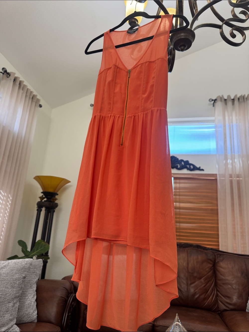 bebe Coral-Orange High-Low Zip-Front Dress
